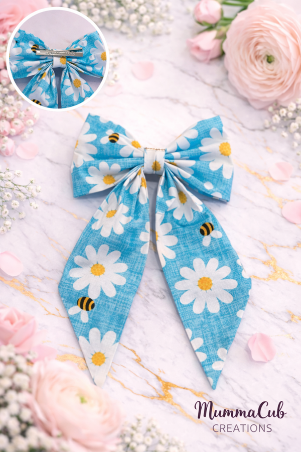 Large Blue with Flowers and Bees Hair Bow