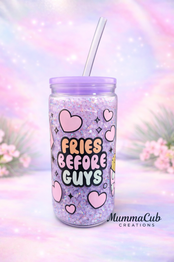 16oz Light Purple Rhinestone 'Fries Before Guys' Snow Globe