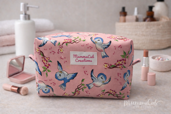 Toiletry/Make Up Bag Pink with Blue Bird Design