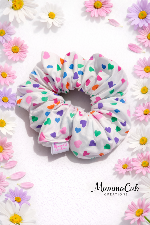 Large White Rainbow Hearts Scrunchie