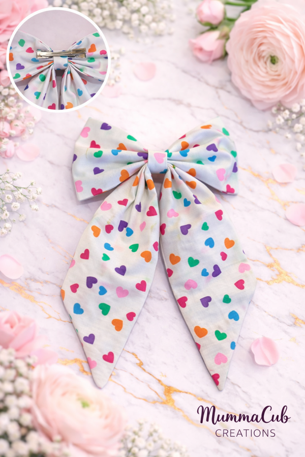 Large White Rainbow Hearts Hair Bow