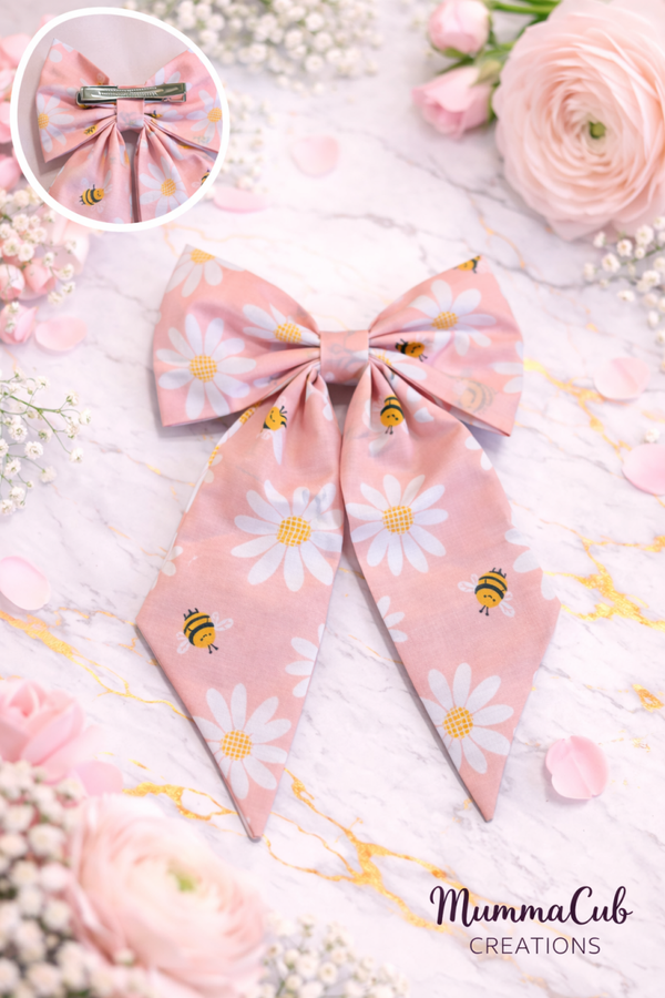 Large Pink with Flowers and Bees Hair Bow