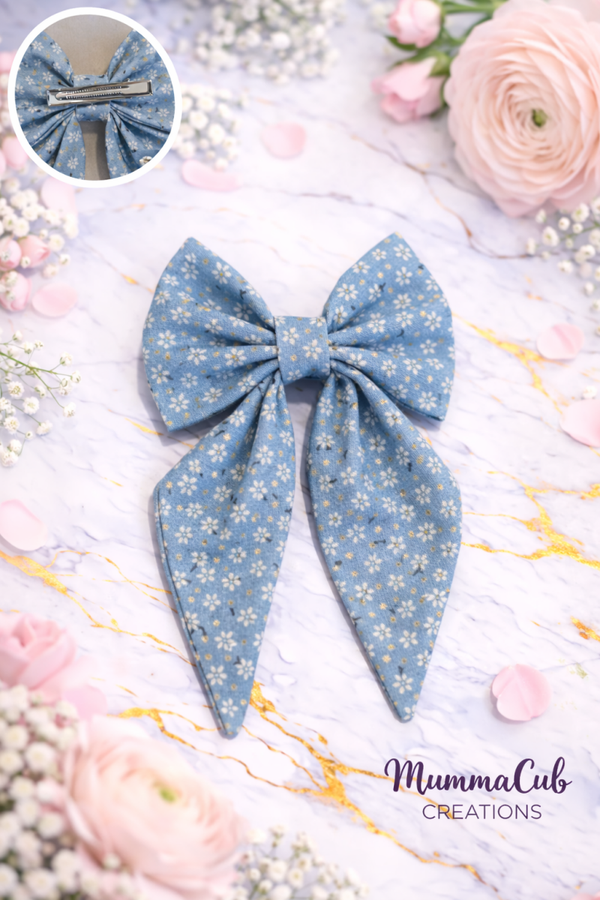 Small Blue with flowers Hair Bow