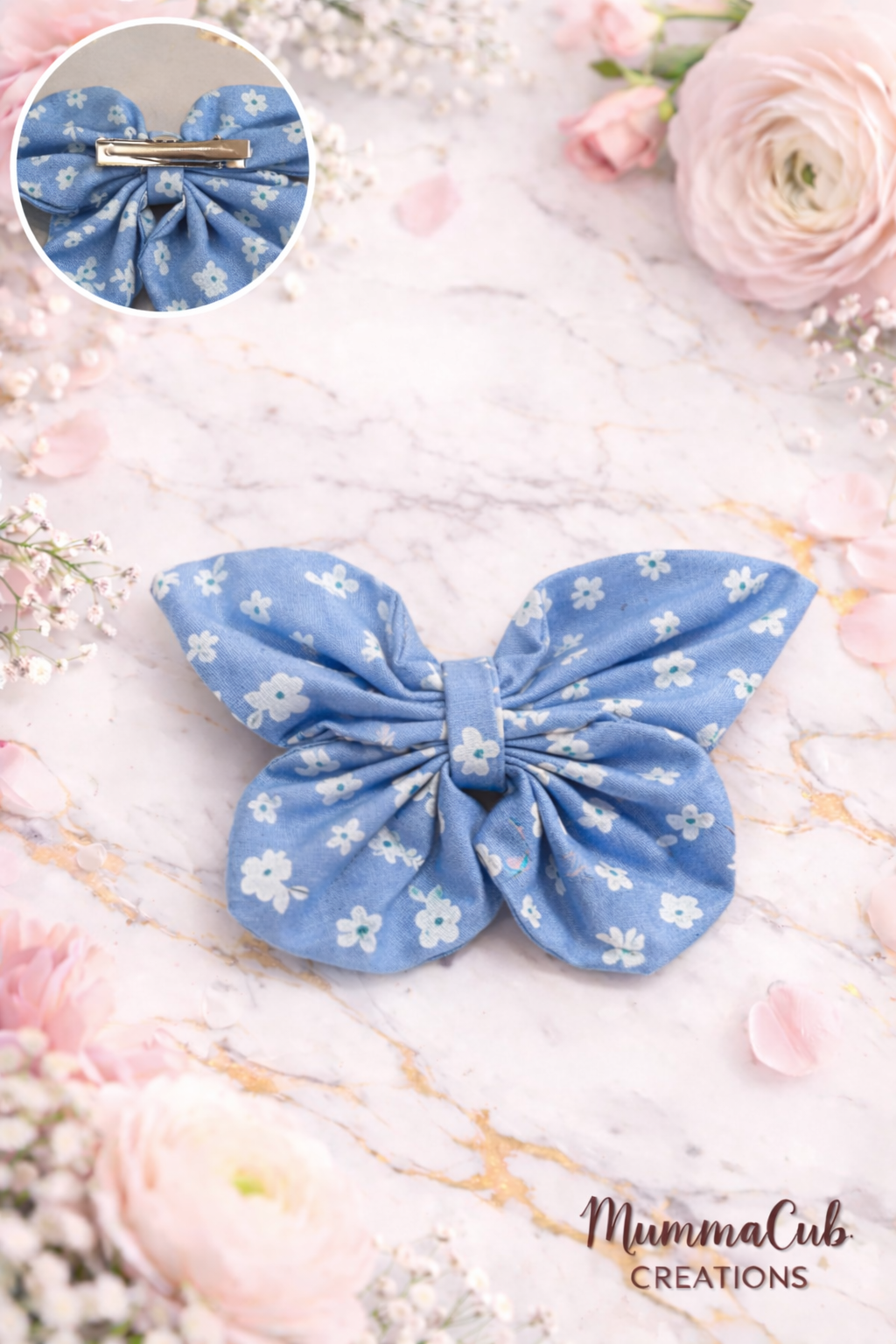 ‘Butterfly Style’ blue flower hair bow
