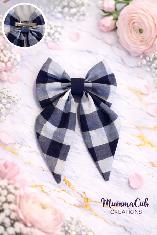 Small Navy Checkered Hair Bow