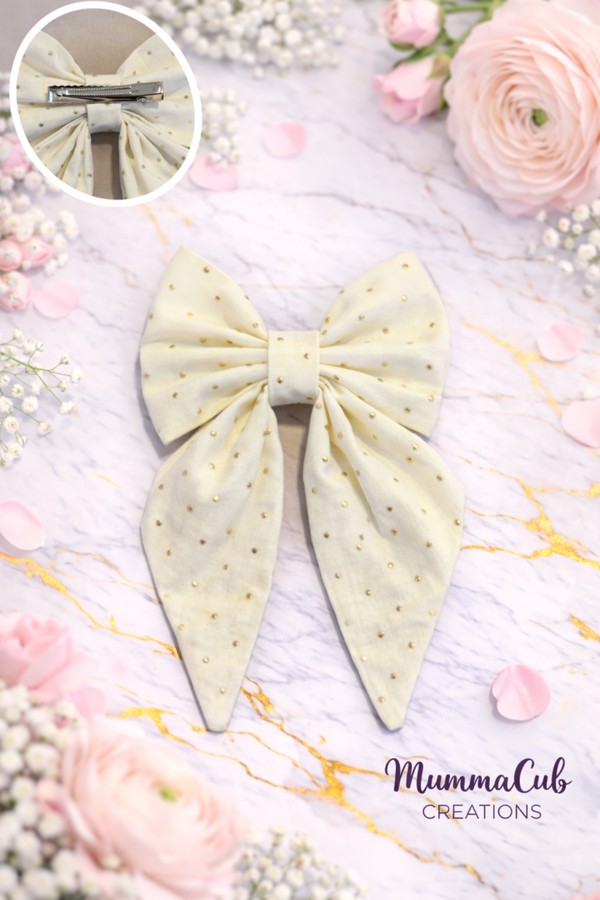 Small Cream and Gold Diamantes Hair Bow