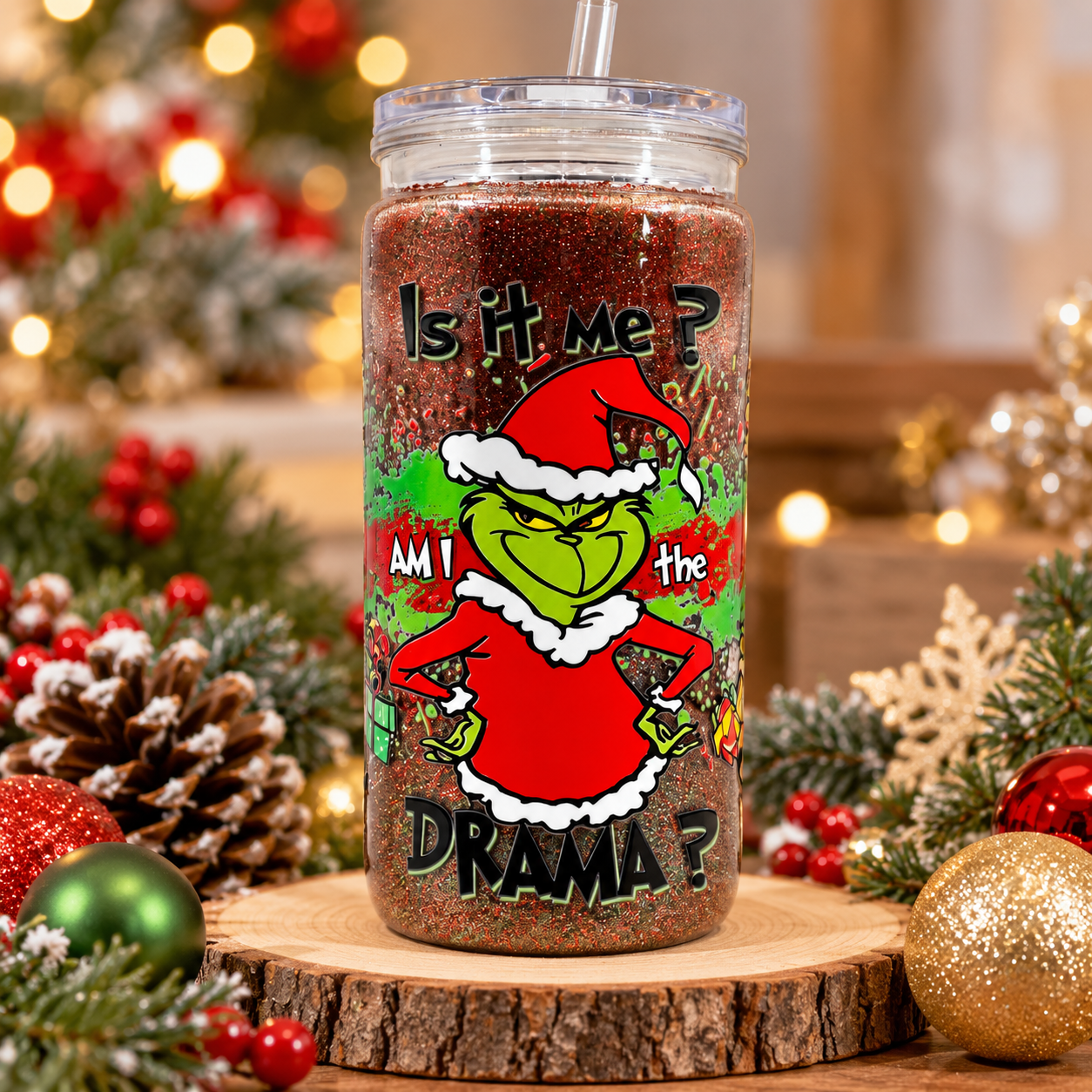 16oz Christmas Acrylic Glitter Tumbler