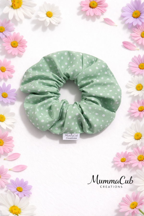 Large Green and White Polka Dot Scrunchie