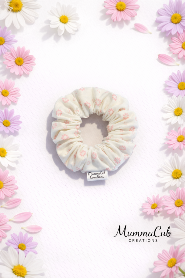 Small White and Pink Flower Scrunchie