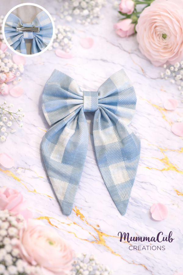 Small Light Blue Checkered Hair Bow