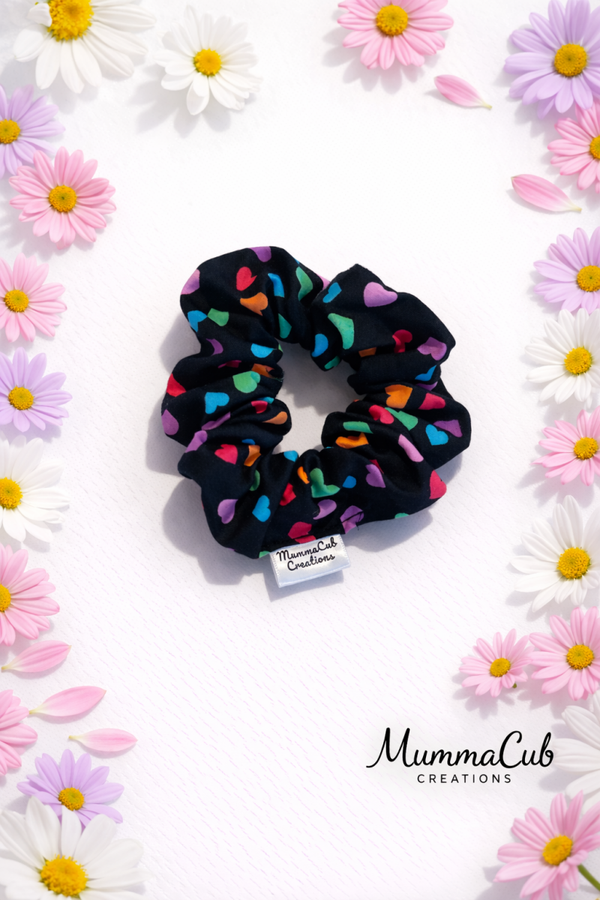 Small Black Rainbow Hearts Scrunchie