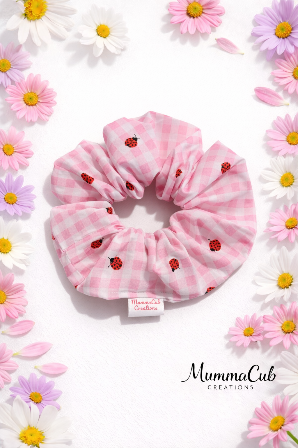 Large Pink Checkered Ladybug Scrunchie