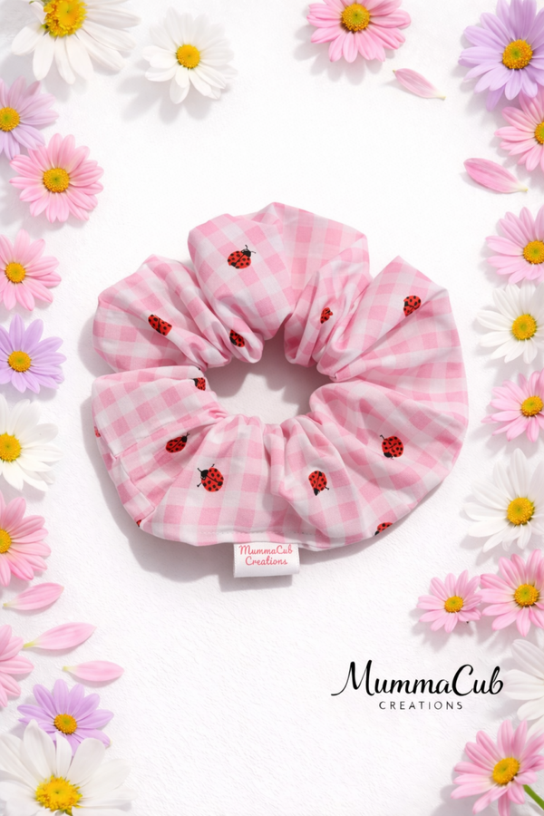 Large Pink Checkered Ladybug Scrunchie