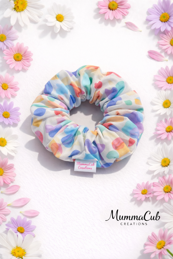 Small Rainbow Pastel Hearts Scrunchie