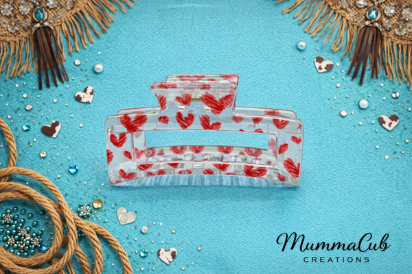 Medium White with Red Hearts Hair Claw Clip