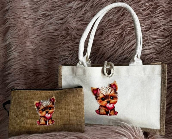 2 Piece set Hessian style 'Yorkie' handbag