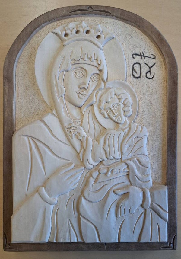 Handgefertigte, geschnitzte Ikone der Gottesmutter mit Christus