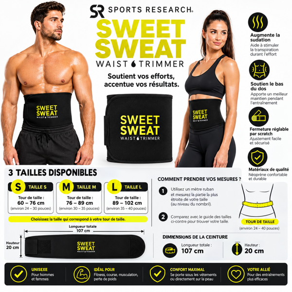 Sports Research Sweet Sweat – Ceinture de sudation noire et jaune