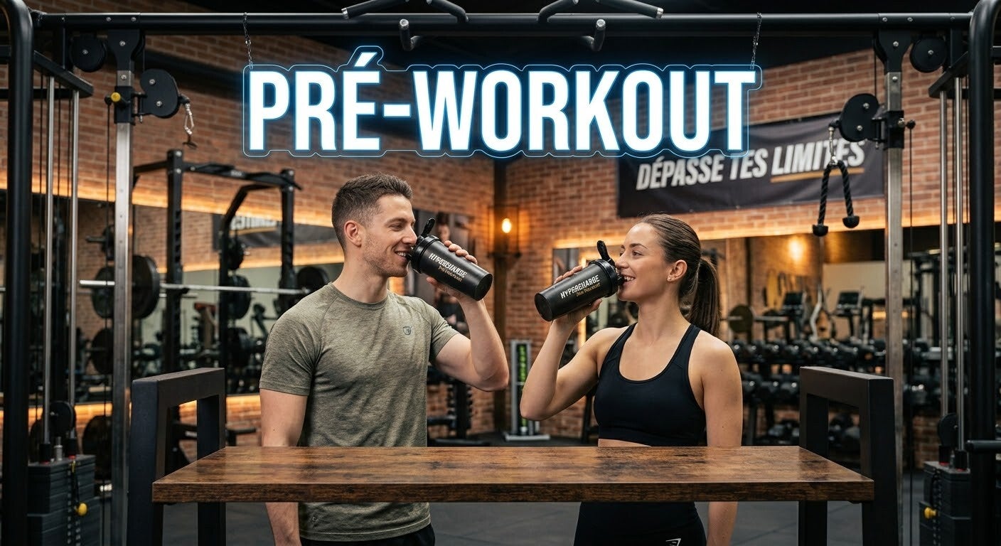 Image homme femme buvant un shaker de pré-workout