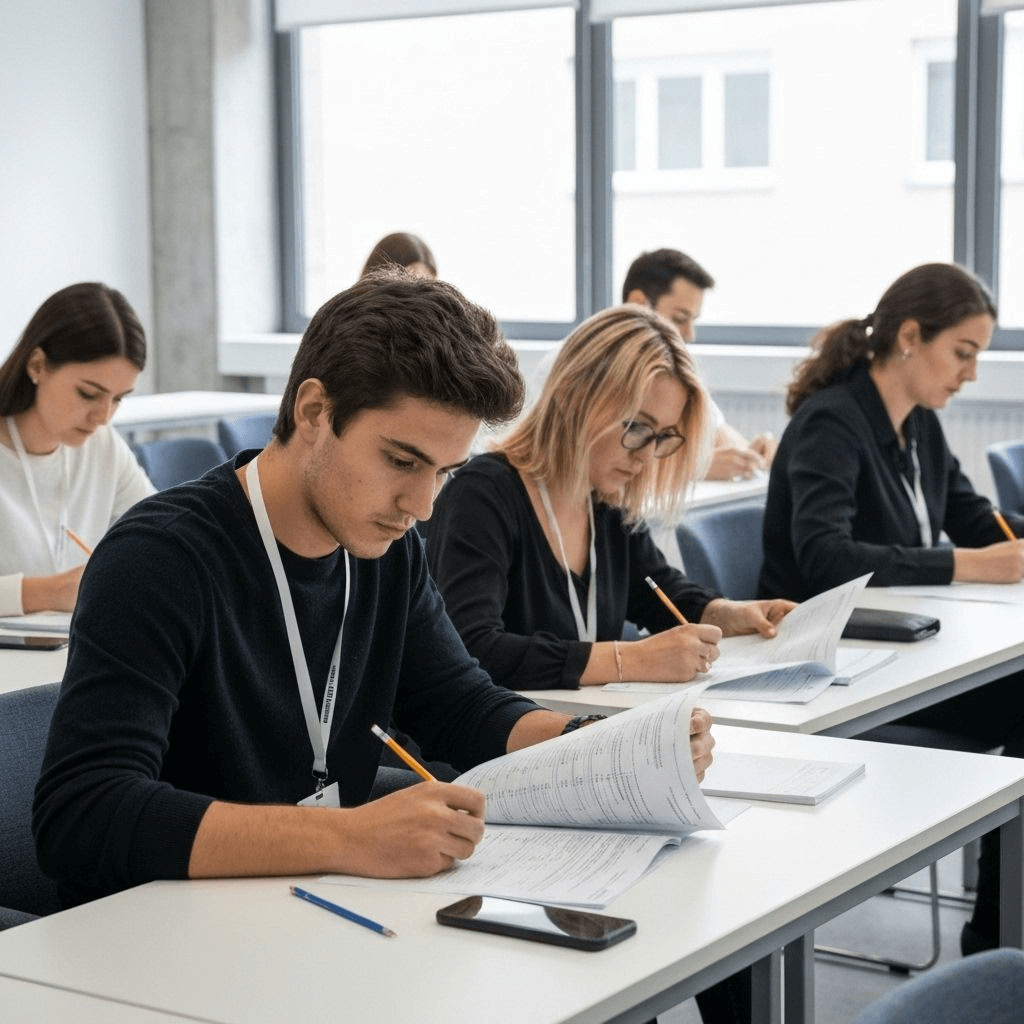 Adult students taking French TCF exam in a test centre for nationality purposes.