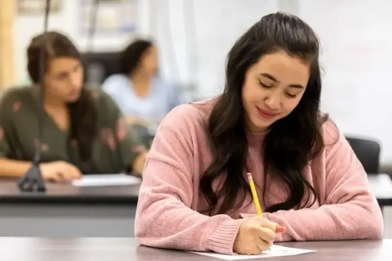 Female DALF student taking her French exam under test conditions.