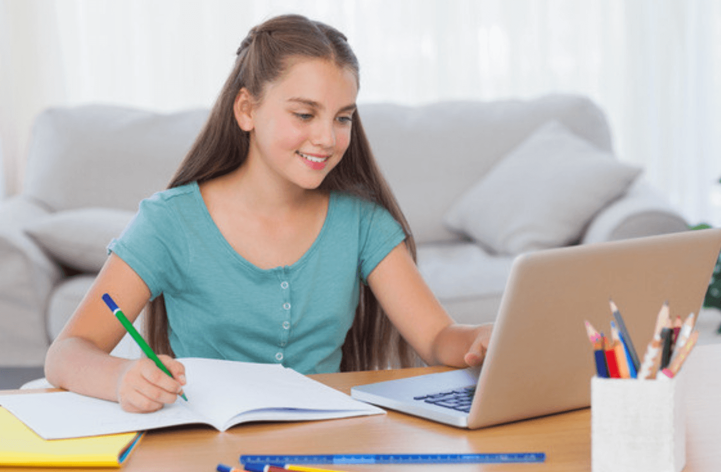 Student smiling while preparing with French Online Tutor for her French Common Entrance Exam.