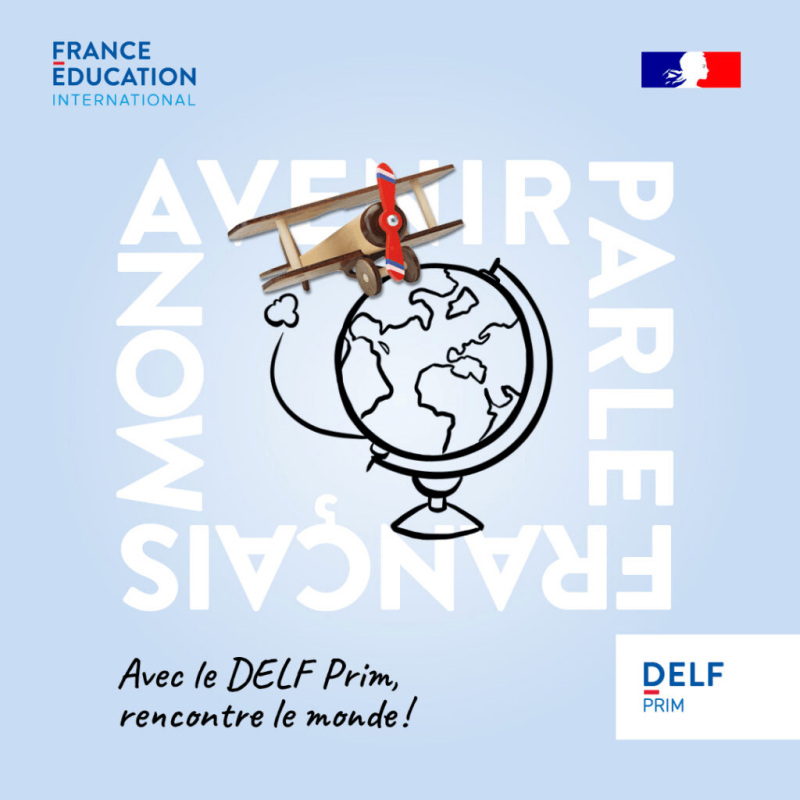 French DELF Prim exam graphic for tuition with French Online Tutor. 
