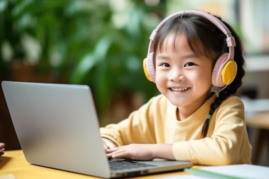 Smiling young girl wearing headphones at a laptop for fun online French for kids, primary school children, and beginners.