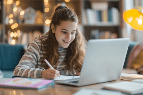 Smiling GCSE French Student preparing for her exam with French Online Tutor.