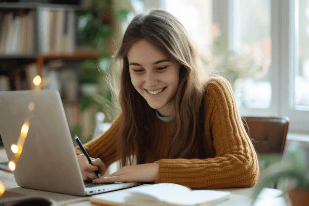 A female French GCSE student making notes in a French online tutorial.