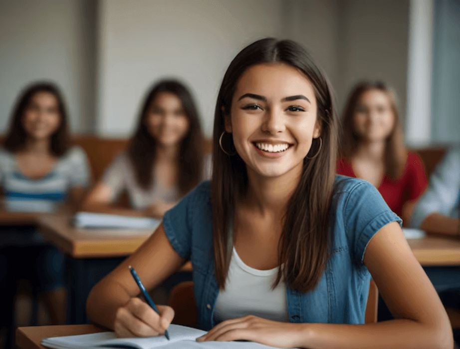 Smiling French GCSE student confidently taking exam after online tuition.