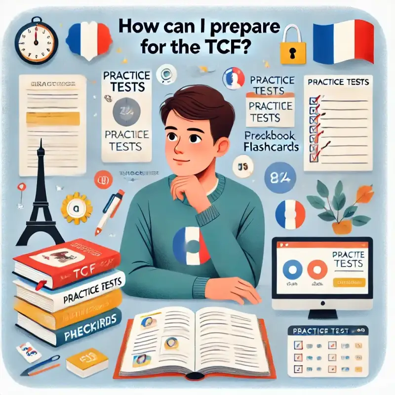 TCF French exam graphic showing how to prepare for the test.