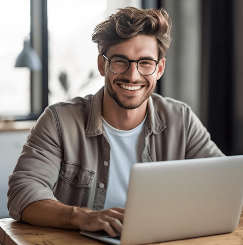 Smiling man using a laptop for interactive French conversation lessons for adults, business communication, and travel.