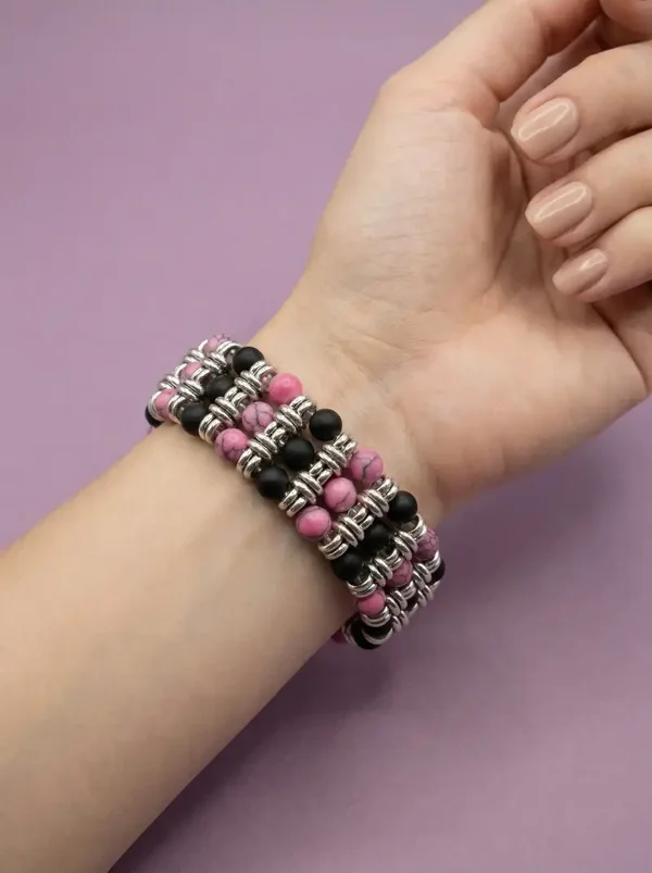 💜 Roze, zwart & zilver – stoere vrouwelijke armband