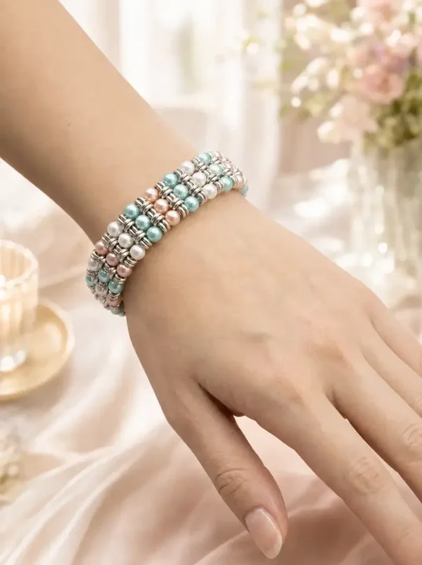 Lichtblauw roze witte meerrijen armband – handgemaakt sieraad