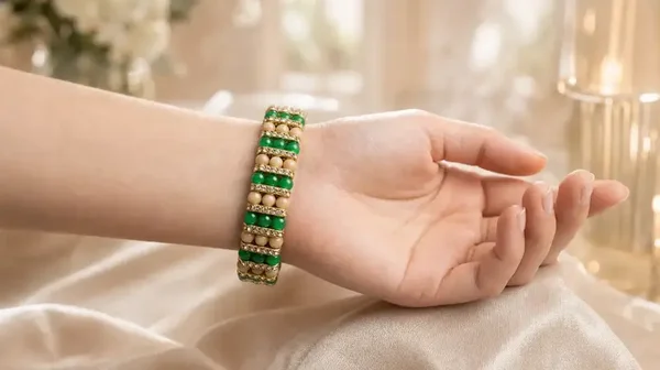 Groene meerrijen armband met goudkleurige accenten – handgemaakt sieraad