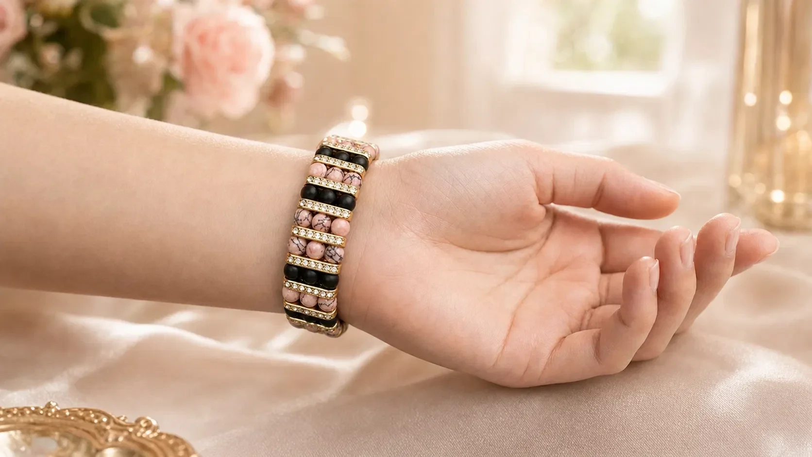 Roze meerrijen armband met goudkleurige accenten – handgemaakt sieraad