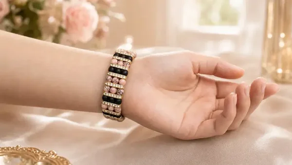 Roze meerrijen armband met goudkleurige accenten – handgemaakt sieraad