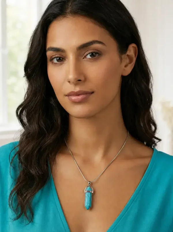 Turquoise hexagon hanger – gladde zilverkleurige afwerking