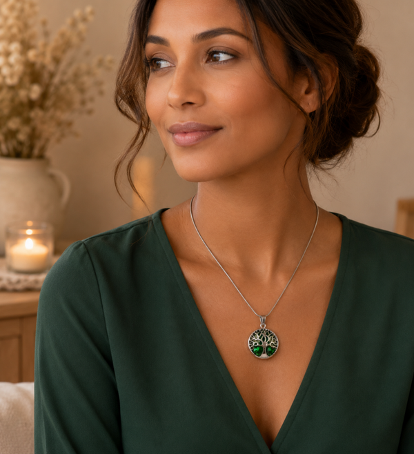 Groene levensboom hanger – symbolische hanger met zilverkleurige afwerking