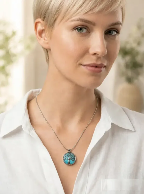 Turquoise levensboom hanger – symbolische hanger met zilverkleurige afwerking