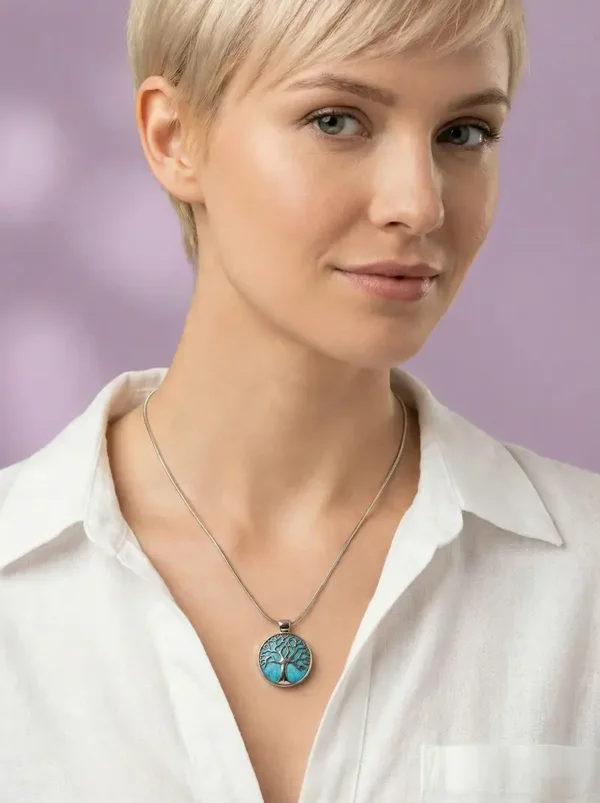 💜 Levensboom hanger – turquoise met zilverkleurige kap