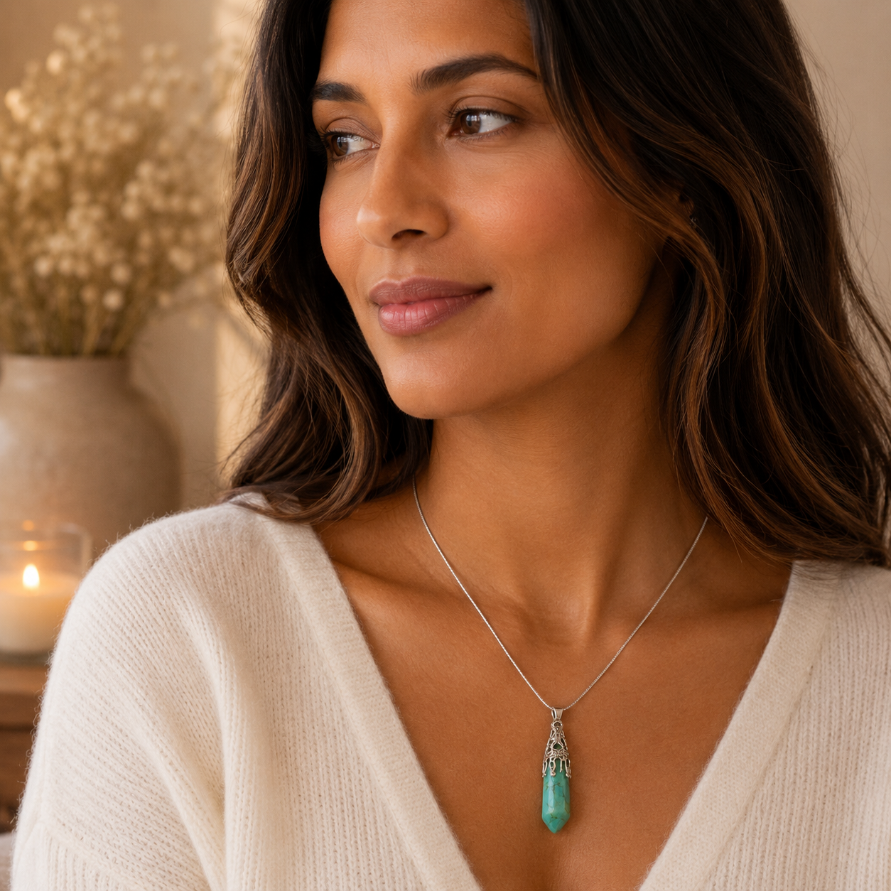 Turquoise hexagon hanger – sierlijke zilverkleurige kap