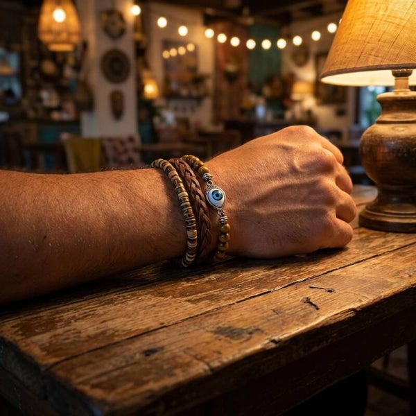 🖤 Warme bruintinten met een speels en opvallend detail. 🖤 Mix van hout, leer en kralen met karaktervolle uitstraling.