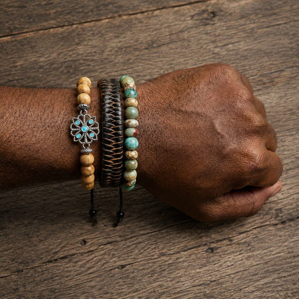 Unisex armbandenset naturel turquoise – leer hout en kralen