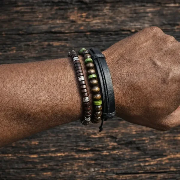 Unisex armbandenset donker zwart bruin – leer en kralen
