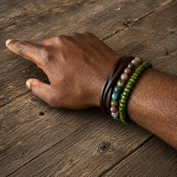 Unisex armbandenset groen bruin – rustige stoere mix