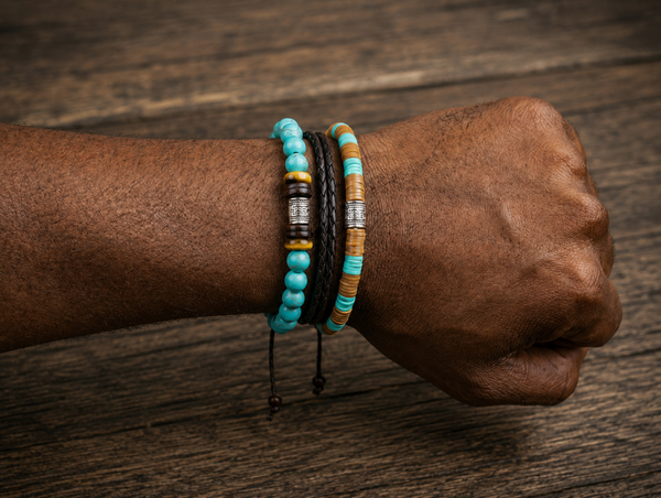 Unisex armbandenset grijs zwart – kralen en leer modern