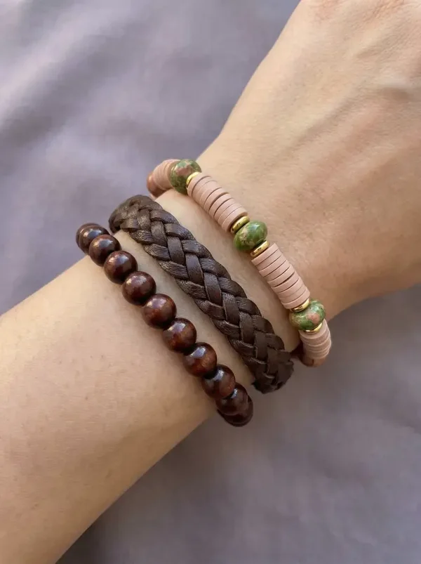 🖤 Unisex Armband Set – Soft Beige & Green Touch