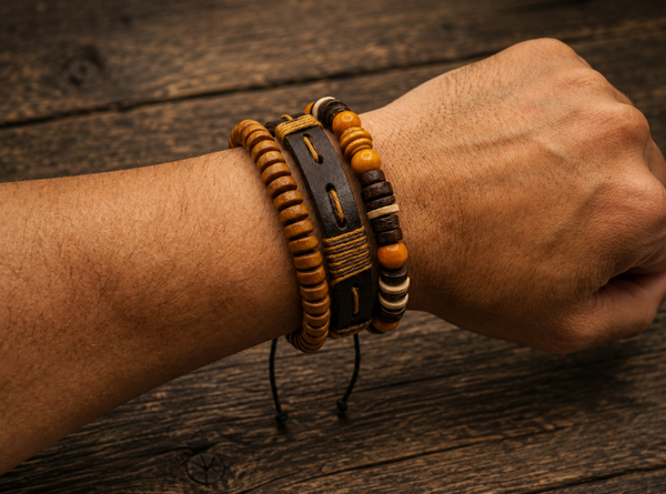 Unisex armbandenset warm bruin – hout en leer robuust